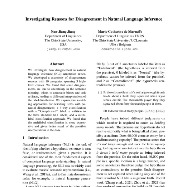 Investigating Reasons for Disagreement in Natural Language Inference ...