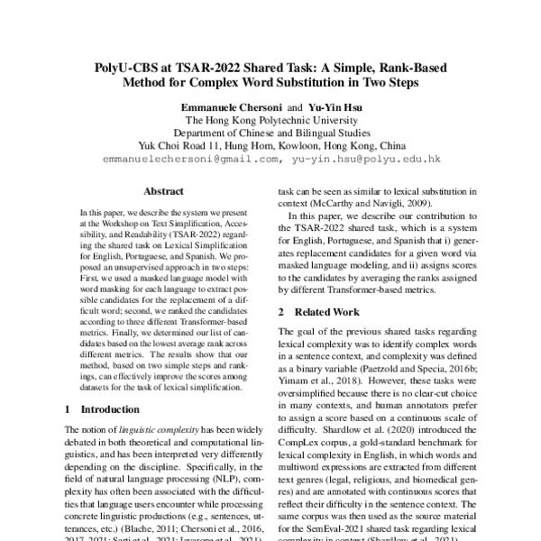 PolyU-CBS at TSAR-2022 Shared Task: A Simple, Rank-Based Method for ...