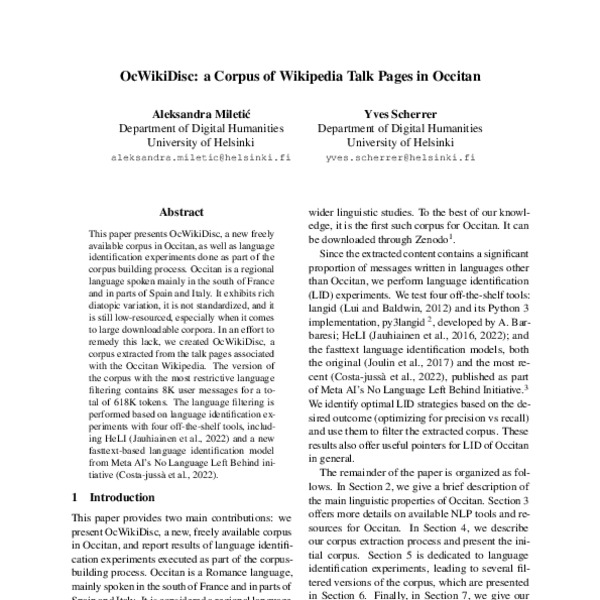 Ocwikidisc A Corpus Of Wikipedia Talk Pages In Occitan Acl Anthology