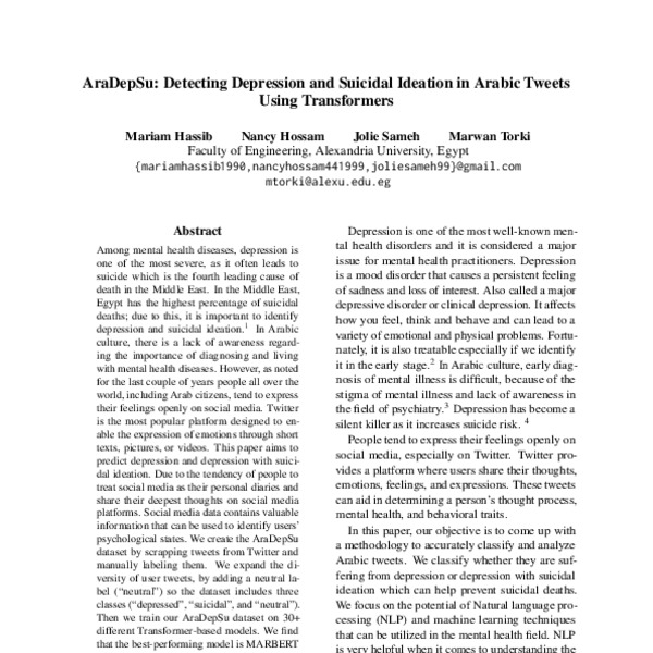 AraDepSu: Detecting Depression and Suicidal Ideation in Arabic Tweets ...