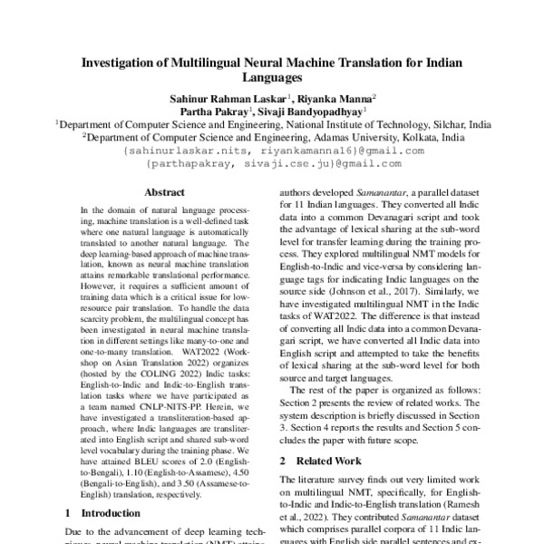 Investigation of Multilingual Neural Machine Translation for Indian ...