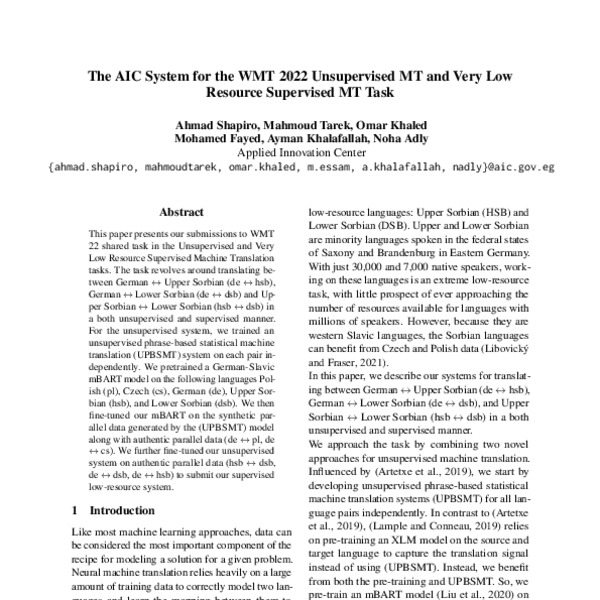 The AIC System for the WMT 2022 Unsupervised MT and Very Low