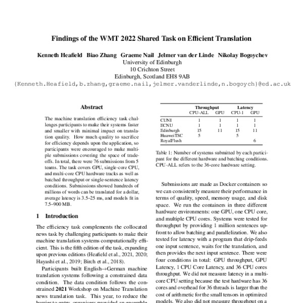Findings of the WMT 2022 Shared Task on Efficient Translation - ACL ...