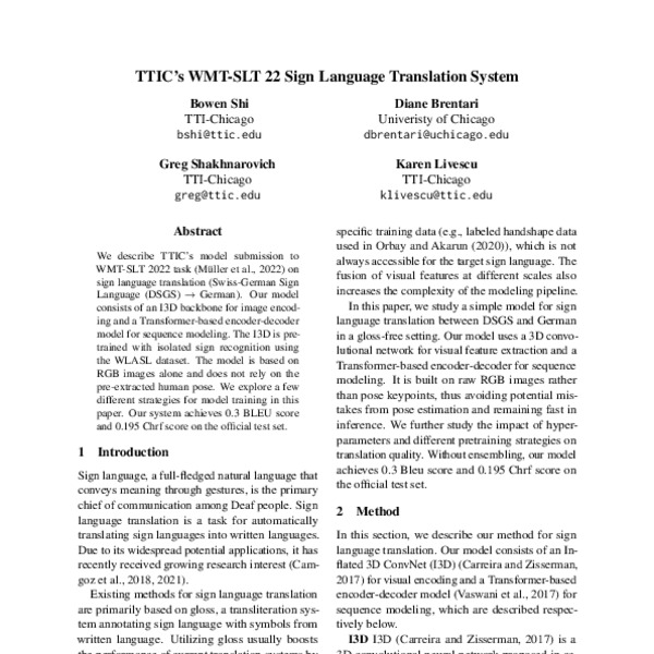 TTIC’s WMTSLT 22 Sign Language Translation System ACL Anthology