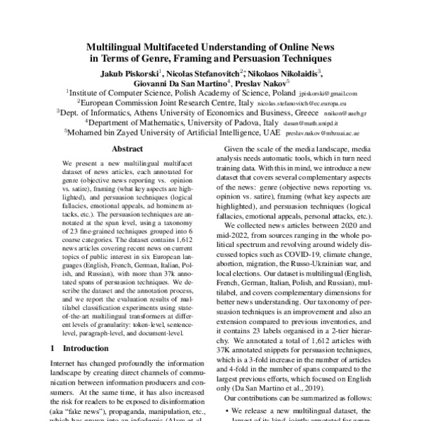 Multilingual Multifaceted Understanding of Online News in Terms of