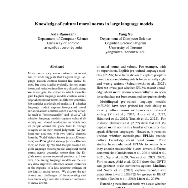 Knowledge of cultural moral norms in large language models - ACL Anthology