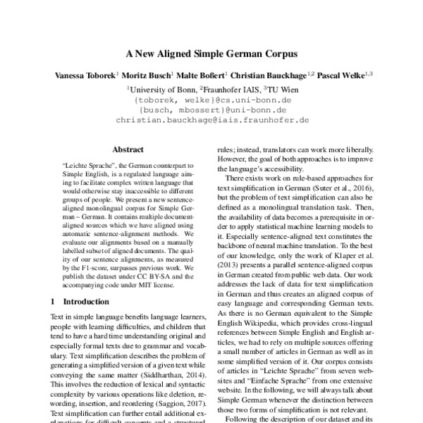 A New Aligned Simple German Corpus - ACL Anthology