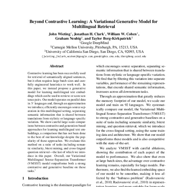 Beyond Contrastive Learning A Variational Generative Model For Multilingual Retrieval Acl