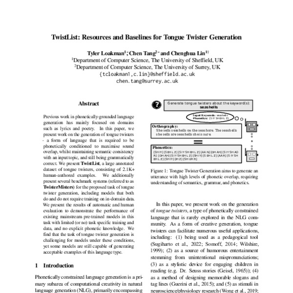 TwistList: Resources and Baselines for Tongue Twister Generation - ACL ...