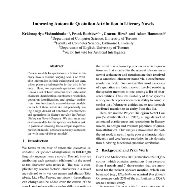 Improving Automatic Quotation Attribution in Literary Novels - ACL ...
