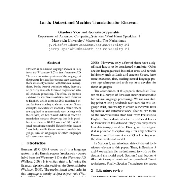 Larth: Dataset and Machine Translation for Etruscan - ACL Anthology