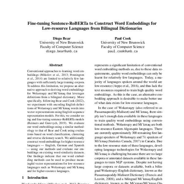 Fine-tuning Sentence-RoBERTa to Construct Word Embeddings for Low ...