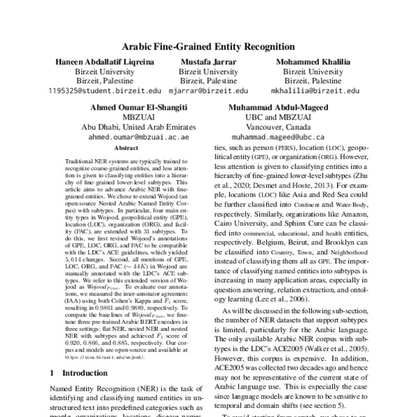 Arabic FineGrained Entity Recognition ACL Anthology