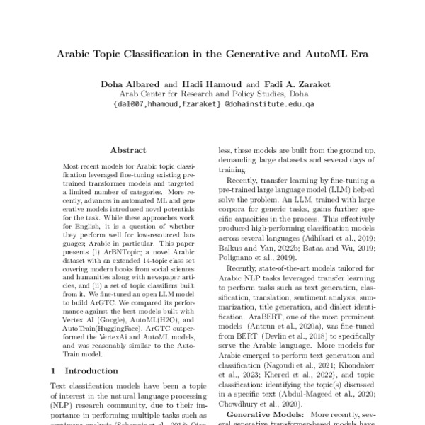 Arabic Topic Classification in the Generative and AutoML Era - ACL ...
