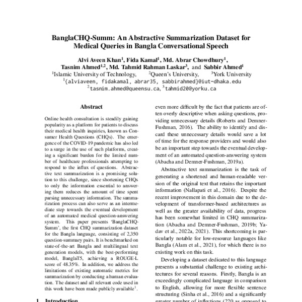 Banglachq-summ: An Abstractive Summarization Dataset For Medical 