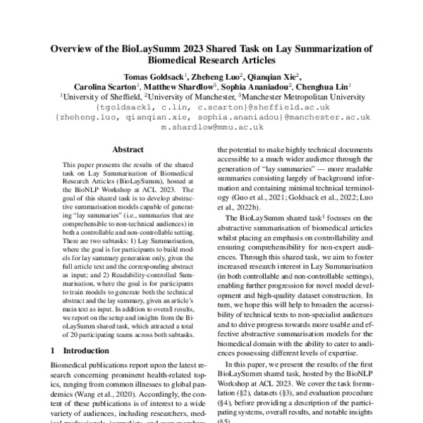 Overview of the BioLaySumm 2023 Shared Task on Lay Summarization of ...