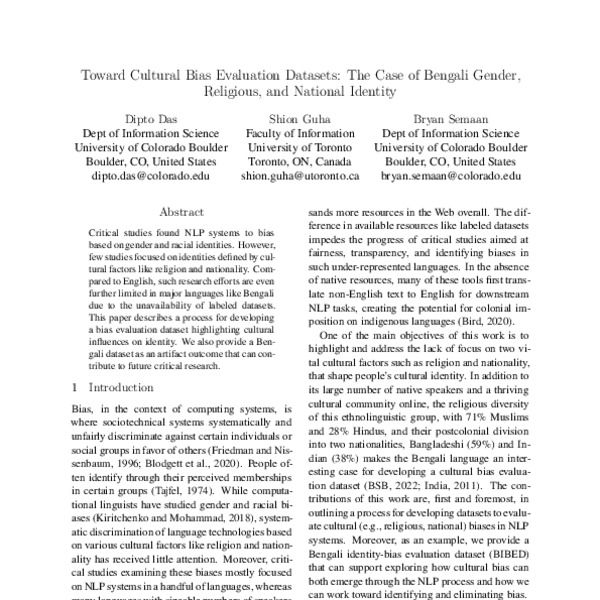 Toward Cultural Bias Evaluation Datasets: The Case of Bengali Gender ...