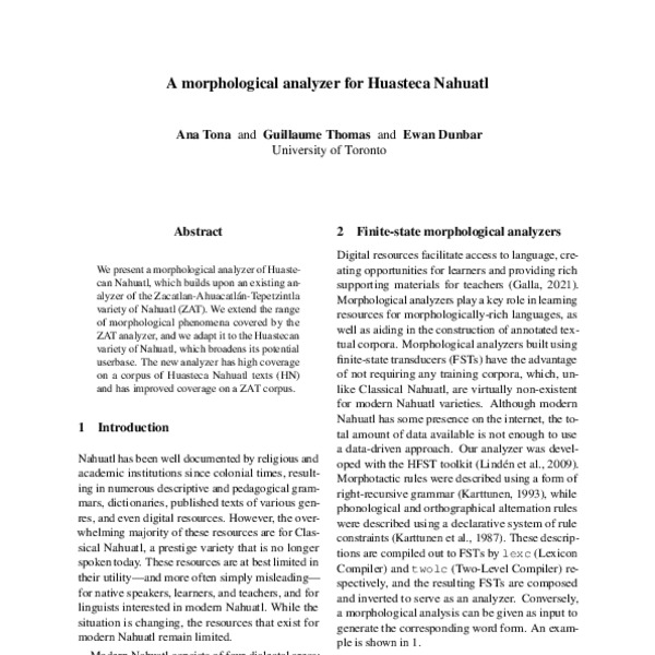 A morphological analyzer for Huasteca Nahuatl - ACL Anthology
