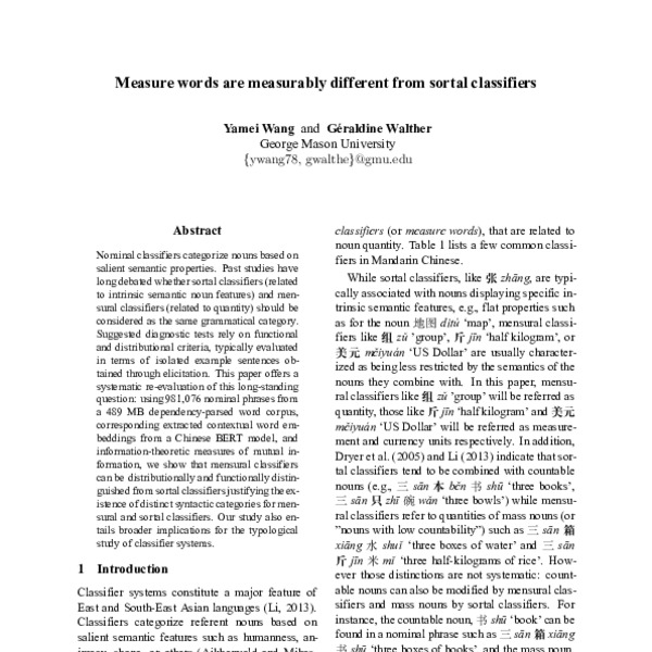 Measure words are measurably different from sortal classifiers - ACL ...