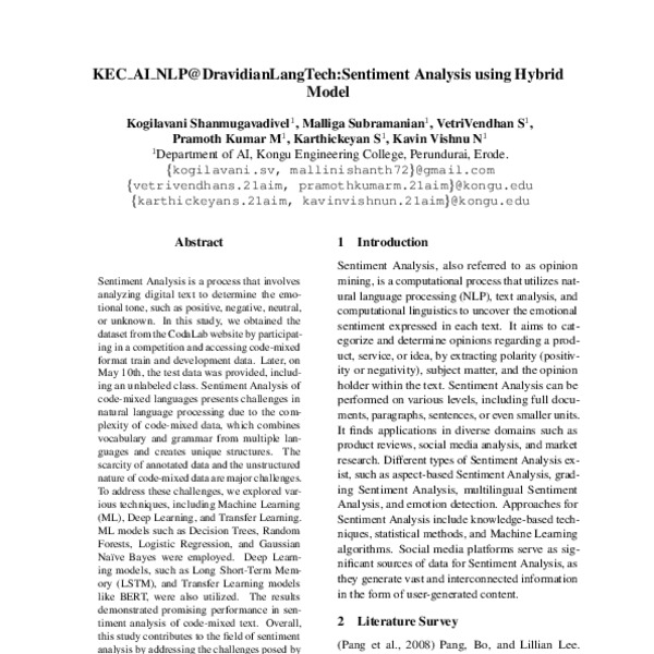 KEC_AI_NLP@DravidianLangTech: Sentiment Analysis in Code Mixture ...
