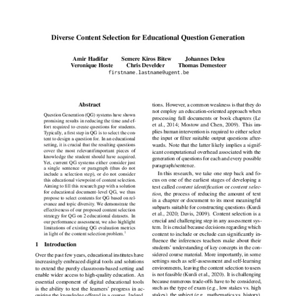 Diverse Content Selection for Educational Question Generation - ACL ...