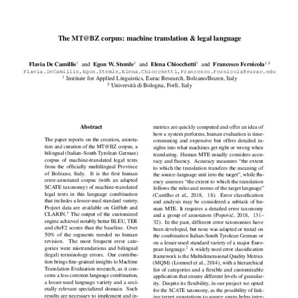 The MT@BZ corpus: machine translation & legal language - ACL Anthology