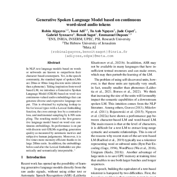 Generative Spoken Language Model based on continuous word-sized audio ...