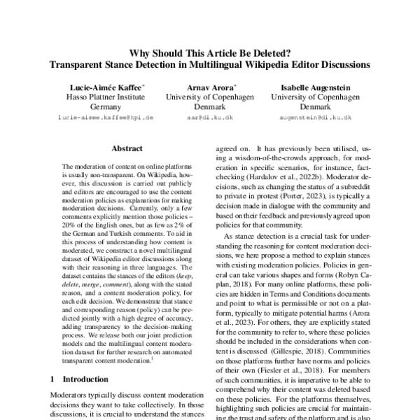 Why Should This Article Be Deleted? Transparent Stance Detection in