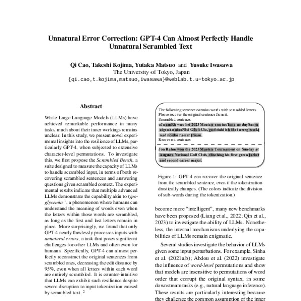 Unnatural Error Correction GPT4 Can Almost Perfectly Handle Unnatural Scrambled Text ACL
