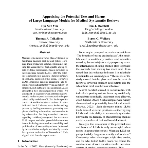 Appraising the Potential Uses and Harms of LLMs for Medical Systematic ...