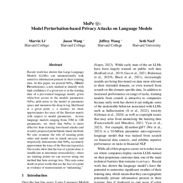 MoPe Model Perturbation based Privacy Attacks on Language Models ACL