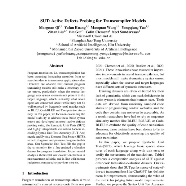 SUT: Active Defects Probing for Transcompiler Models - ACL Anthology