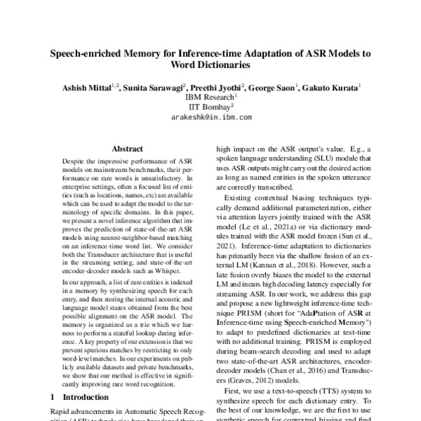Speech-enriched Memory for Inference-time Adaptation of ASR Models to ...