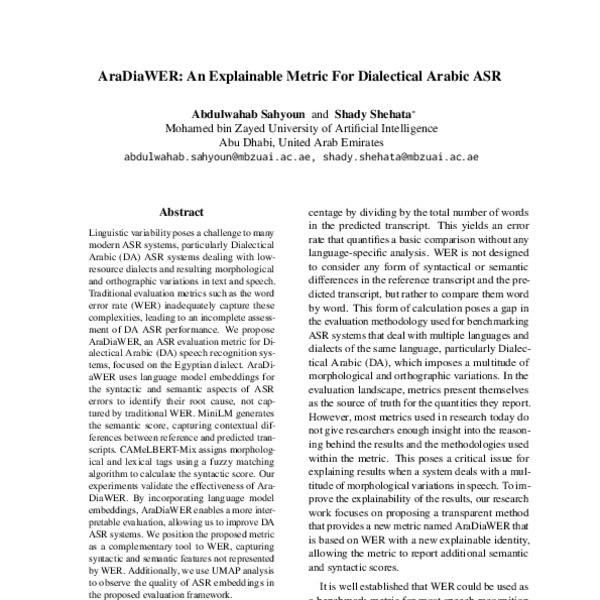 AraDiaWER: An Explainable Metric For Dialectical Arabic ASR - ACL Anthology