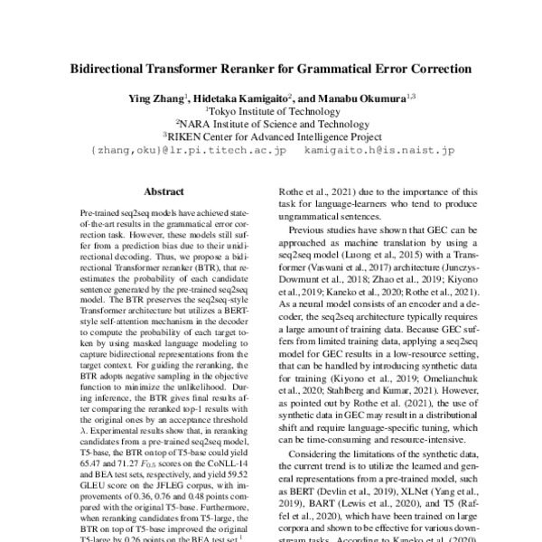 Bidirectional Transformer Reranker for Grammatical Error Correction ...