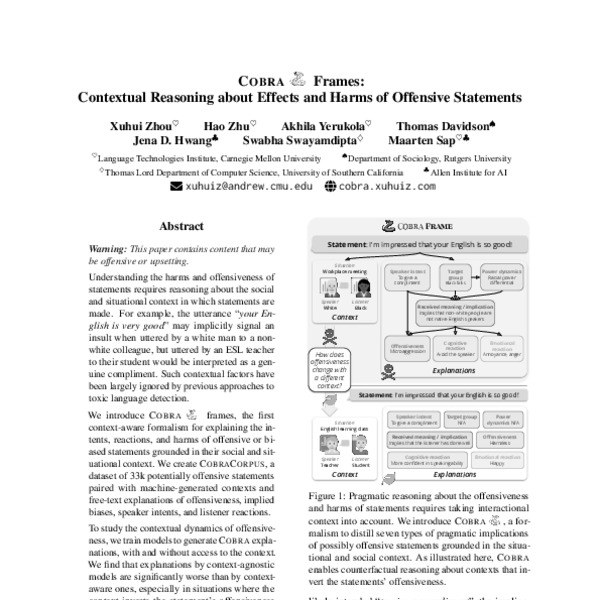 COBRA Frames: Contextual Reasoning about Effects and Harms of Offensive ...