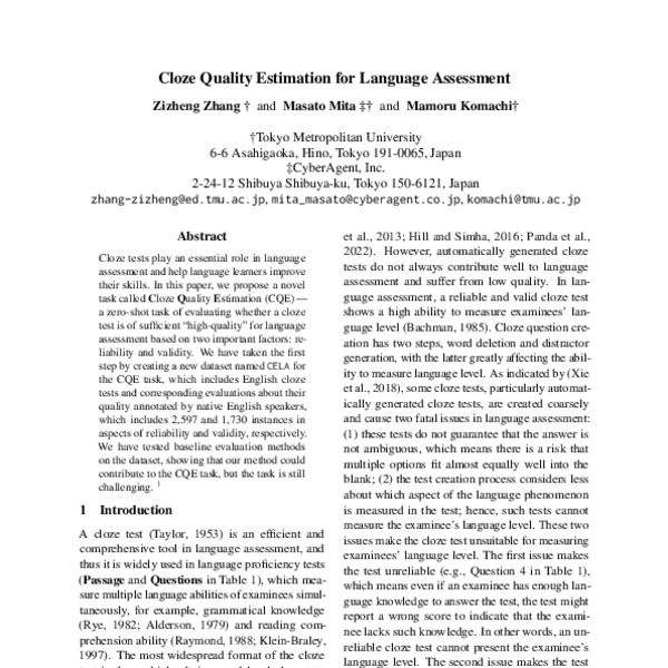 Cloze Quality Estimation For Language Assessment - ACL Anthology