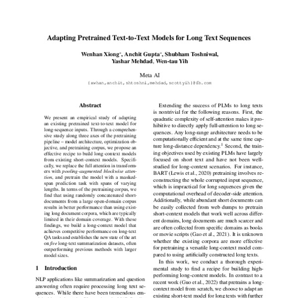 Adapting Pretrained Text-to-Text Models for Long Text Sequences - ACL ...