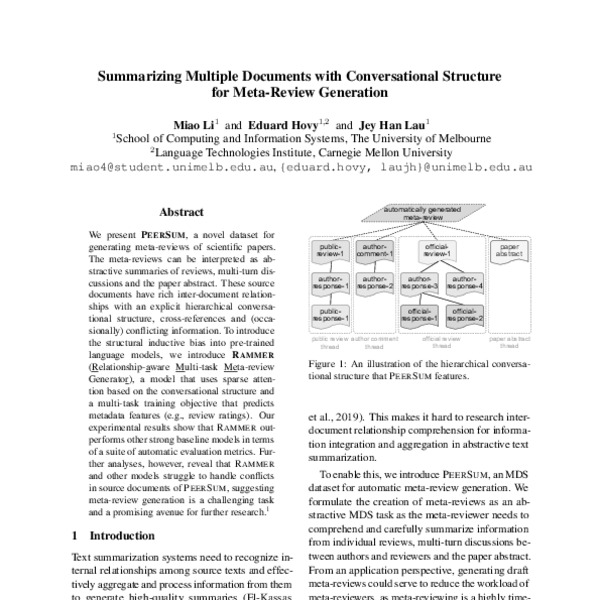 Summarizing Multiple Documents with Conversational Structure for Meta