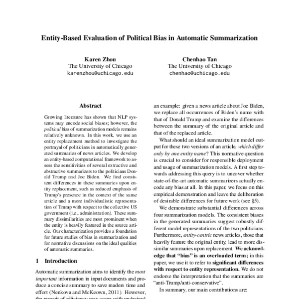 Entity-Based Evaluation of Political Bias in Automatic Summarization ...