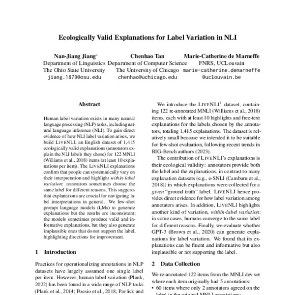 Ecologically Valid Explanations for Label Variation in NLI - ACL Anthology