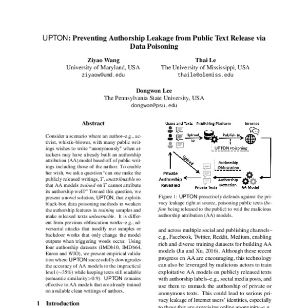 UPTON: Preventing Authorship Leakage from Public Text Release via Data ...