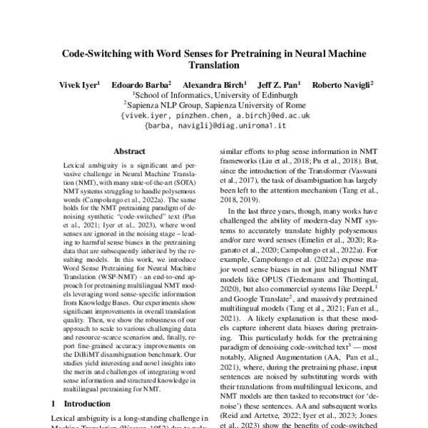 Code Switching with Word Senses for Pretraining in Neural Machine