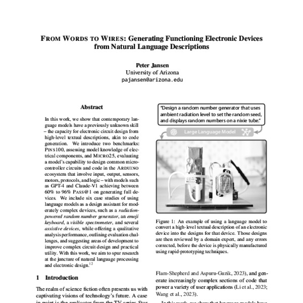 From Words to Wires Generating Functioning Electronic Devices from