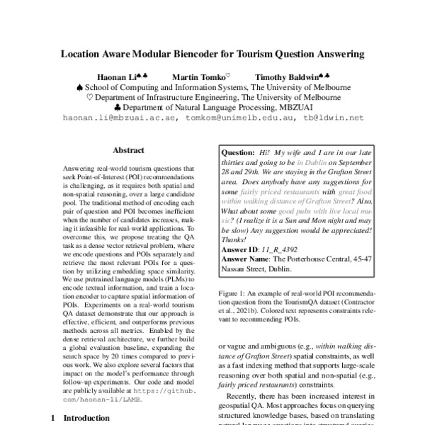 Location Aware Modular Biencoder for Tourism Question Answering - ACL ...