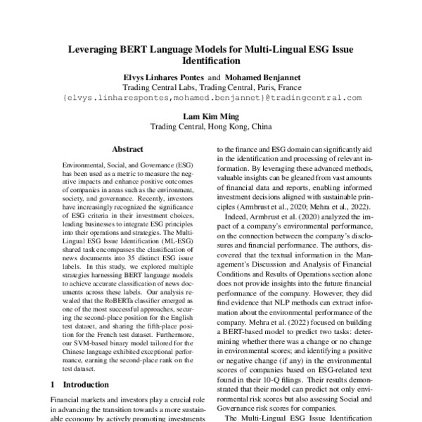 Leveraging BERT Language Models for Multi-Lingual ESG Issue ...