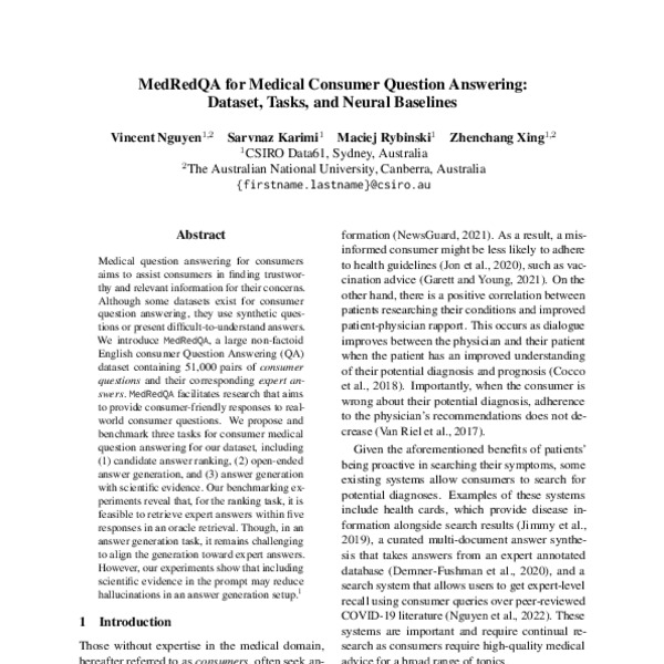 MedRedQA for Medical Consumer Question Answering: Dataset, Tasks, and ...