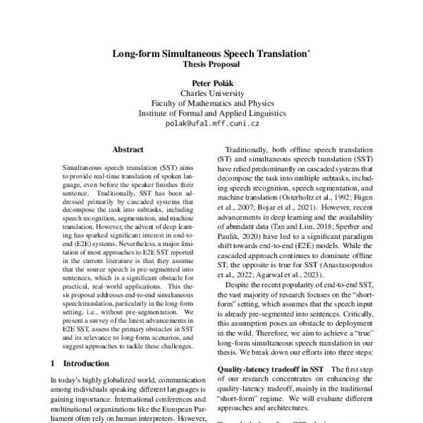 Long-form Simultaneous Speech Translation: Thesis Proposal - ACL Anthology