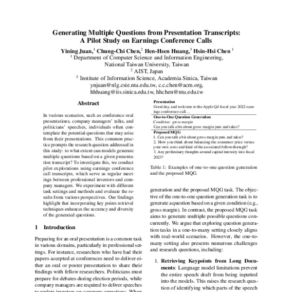 Generating Multiple Questions from Presentation Transcripts: A Pilot ...