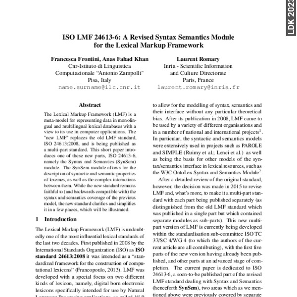 ISO LMF 24613-6: A Revised Syntax Semantics Module for the Lexical ...